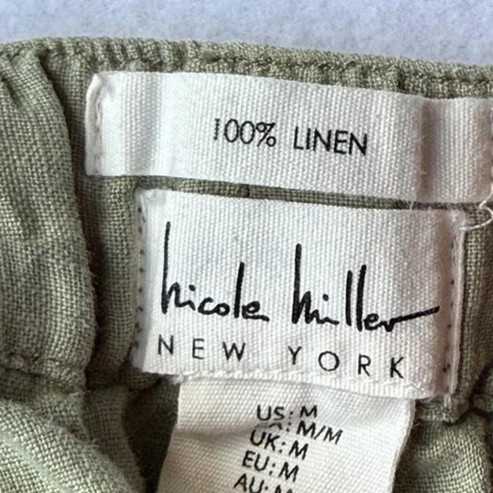Nicole Miller 100% Linen Cargo Jogger Pants Sage Green Boho Coastal Medium